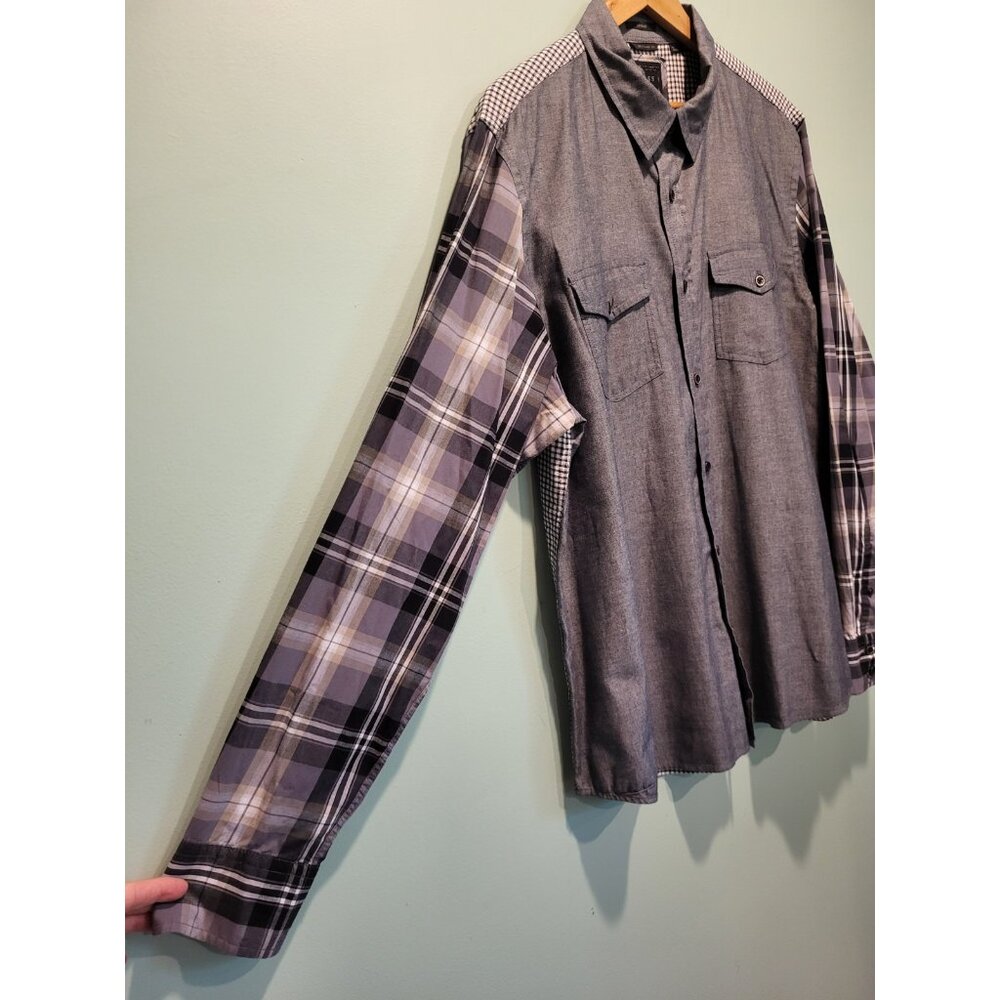 Mens Guess Logan Black Gray Multi Pattern Long Sleeve Button Up Shirt Pockets XL - Picture 3 of 4
